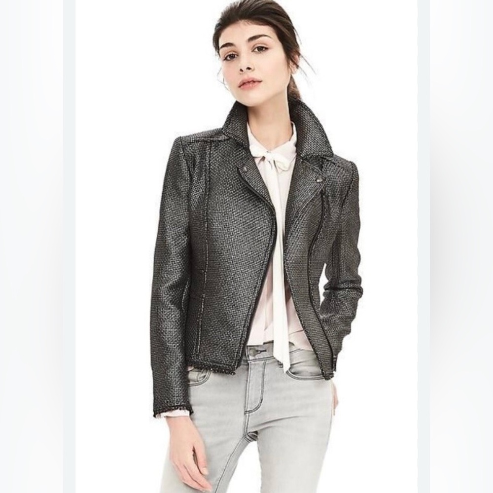 Banana Republic Metallic Moto Jacket Black Silver Size 0 NWT $228